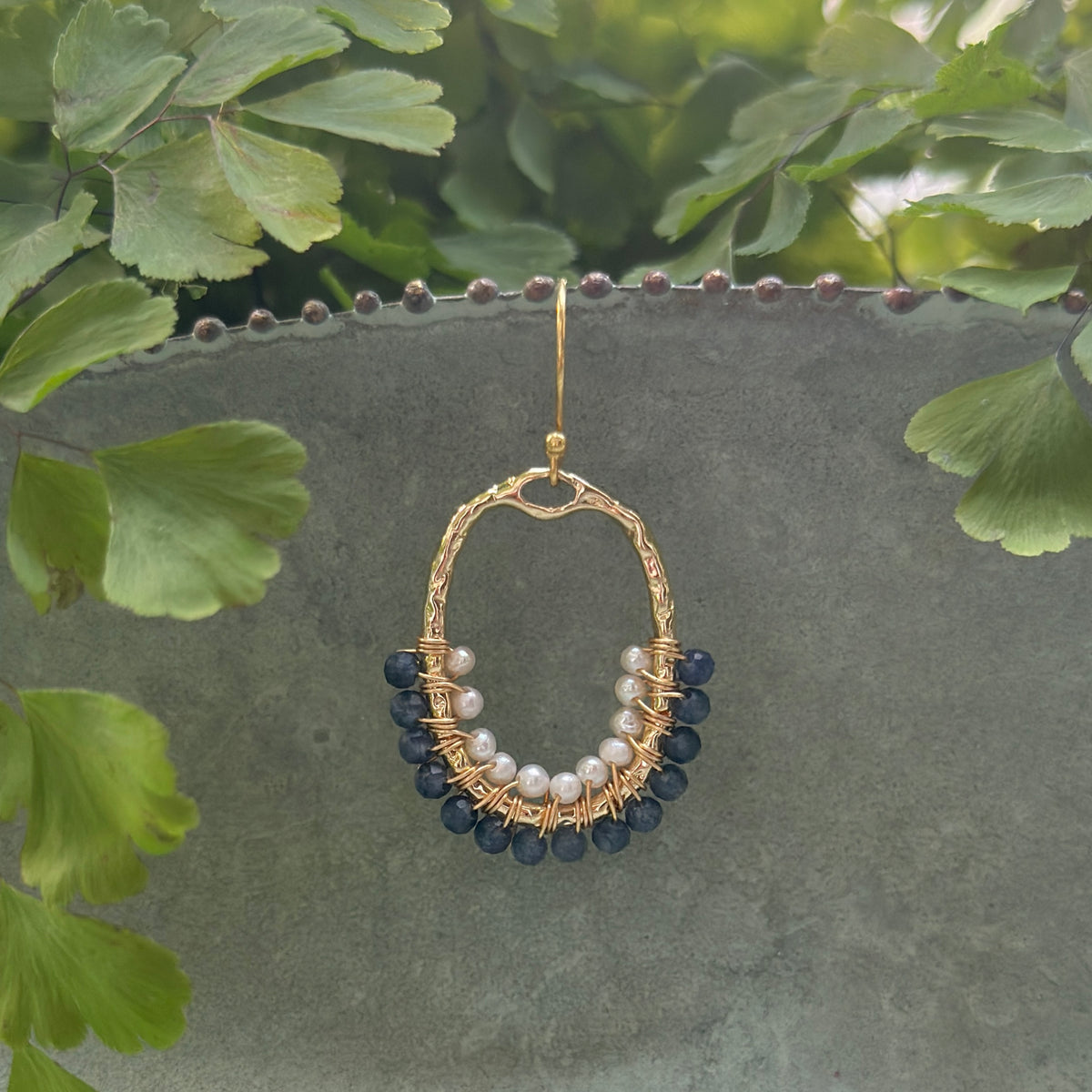 Denim Blue Iolite & Freshwater Pearl 1/2 Oval Beaded Earrings