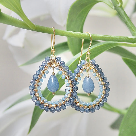 *Airforce Blue Quartz Double Beaded Midi Teardrops With Denim Chalcedony Drop