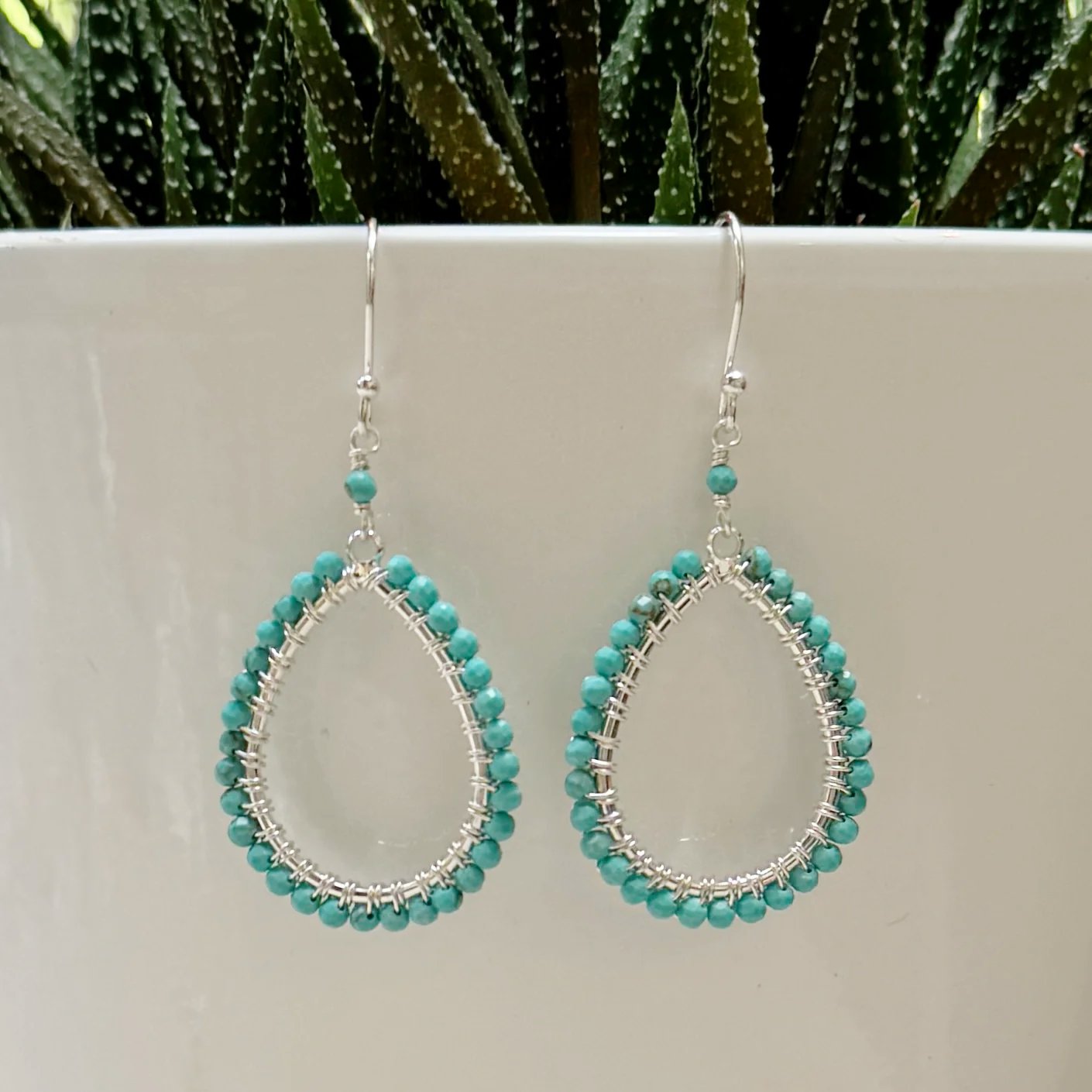 Turquoise Blue Midi Teardrop Beaded Earrings (Silver)
