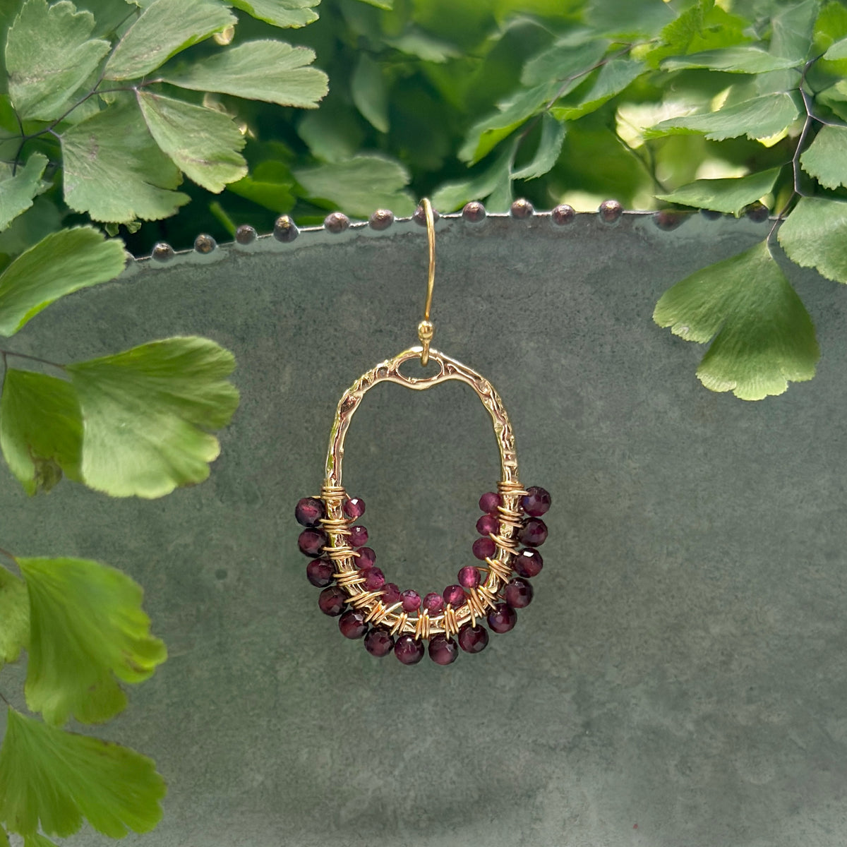 Burgundy & Fuchsia Pink Garnet 1/2 Oval Beaded Earrings