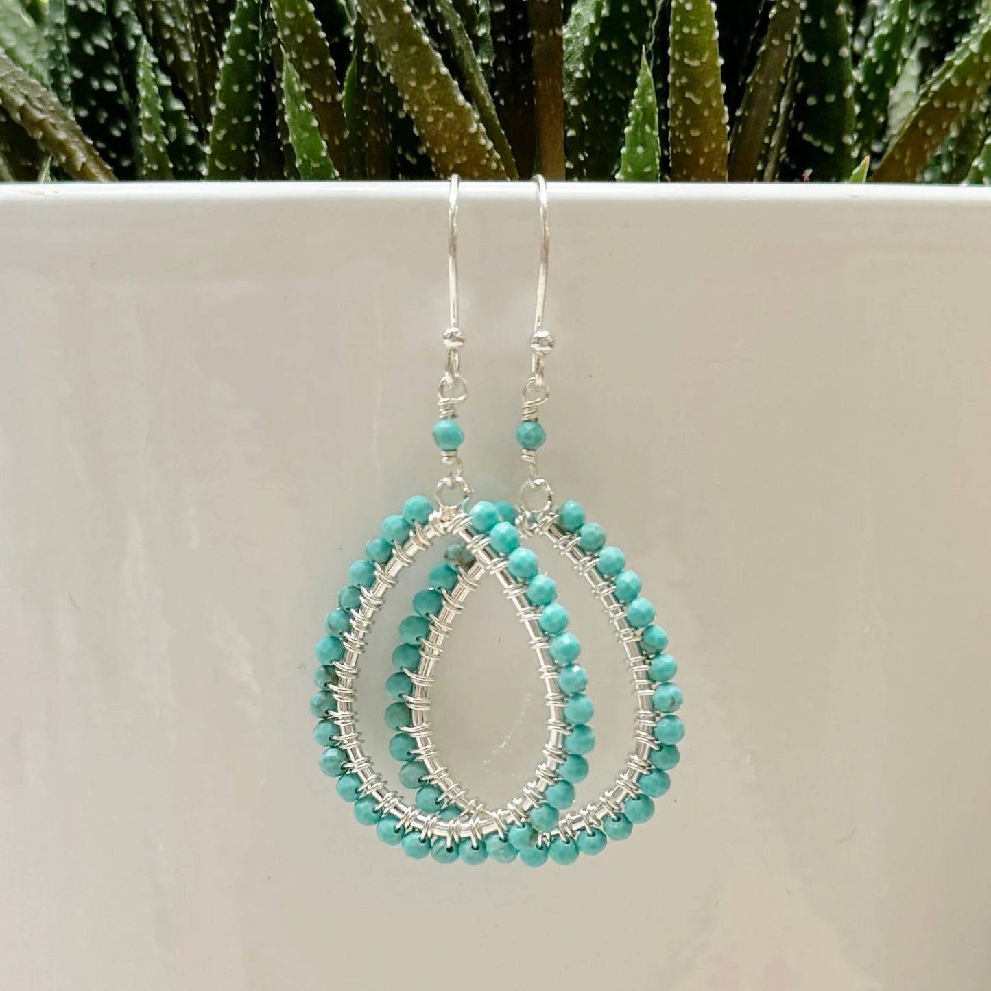 Turquoise Blue Midi Teardrop Beaded Earrings (Silver)