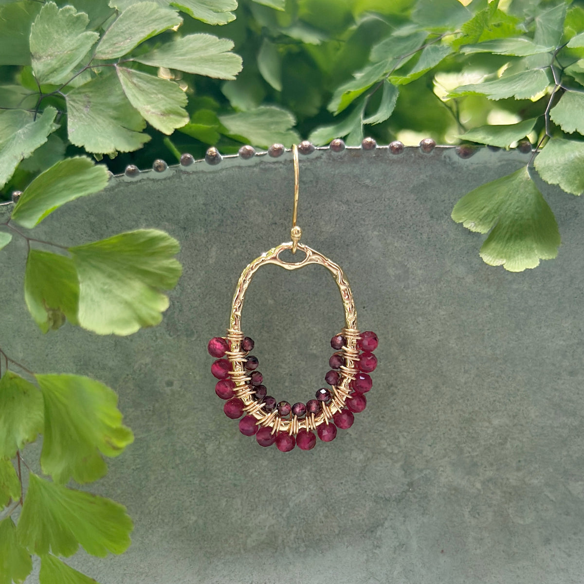 Fuchsia Pink & Burgundy Garnet 1/2 Oval Beaded Earrings