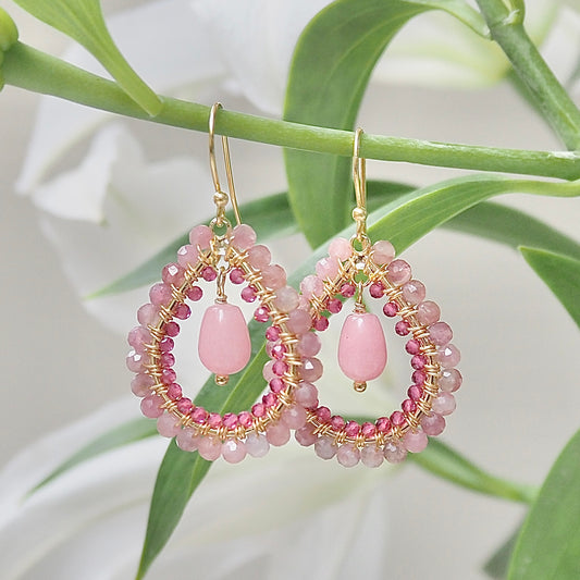 *Dusky Pink Tourmaline Double Beaded Midi Teardrops With Pink Chalcedony Drop