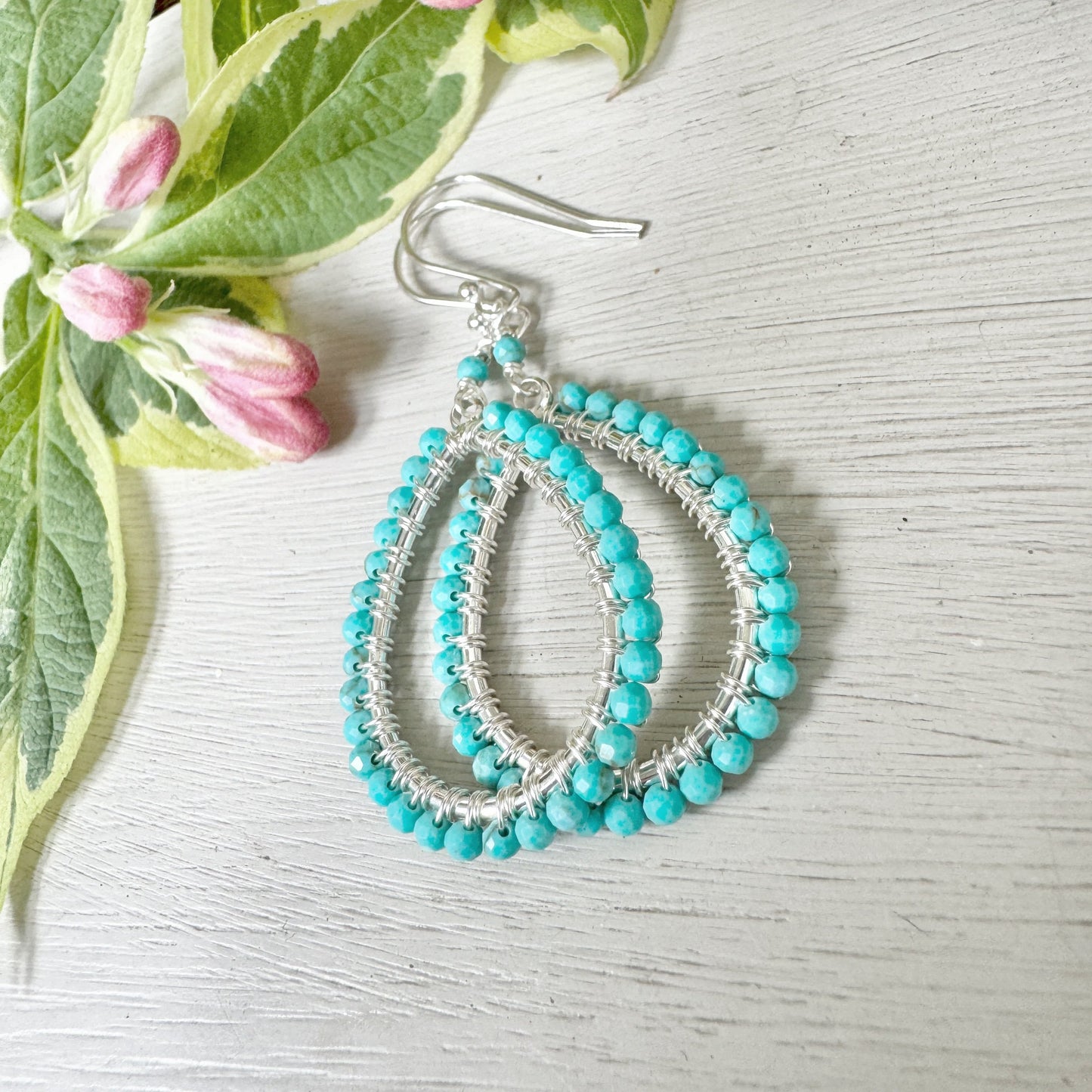 Turquoise Blue Midi Teardrop Beaded Earrings (Silver)