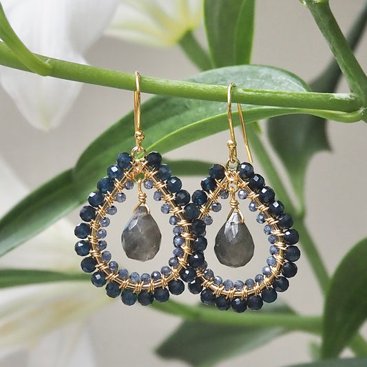 *Dark Denim Iolite Double Beaded Midi Teardrops With Labradorite Drop