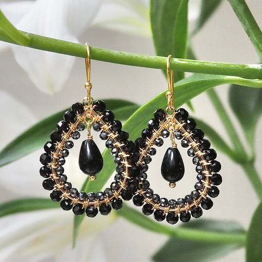 *Black Onyx & Charcoal Hematite Double Beaded Midi Teardrops With Onyx Drop