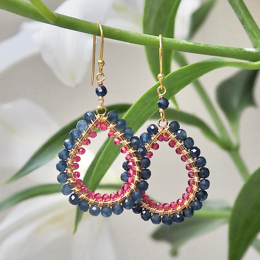 *Dark Denim Iolite & Fuchsia Pink Garnet Double Beaded Midi Teardrop Earrings