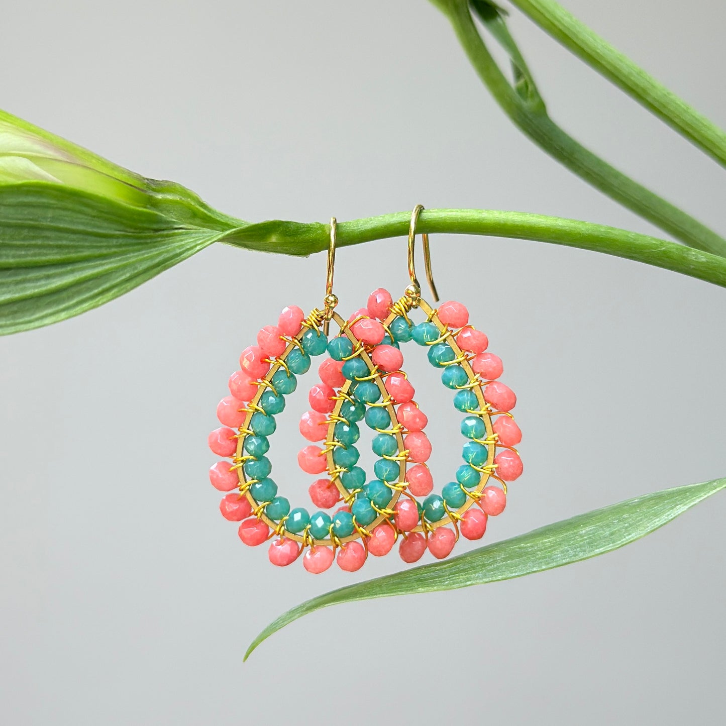 Coral Agate & Turquoise Crystal Big Bead Double Teardrop Earrings