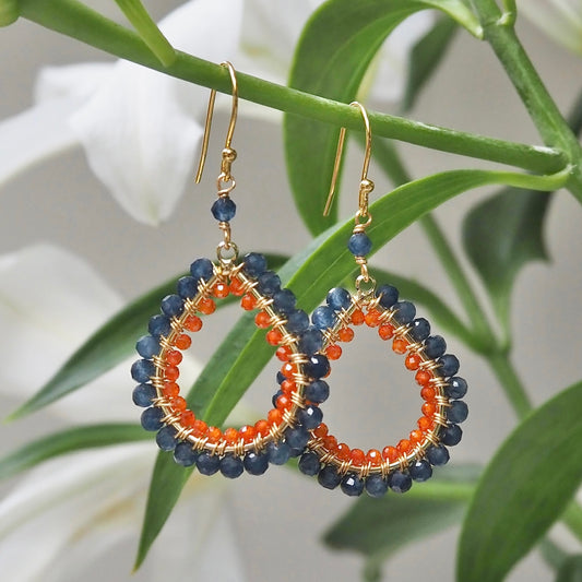*Dark Denim Iolite & Orange Carnelian Double Beaded Midi Teardrop Earrings
