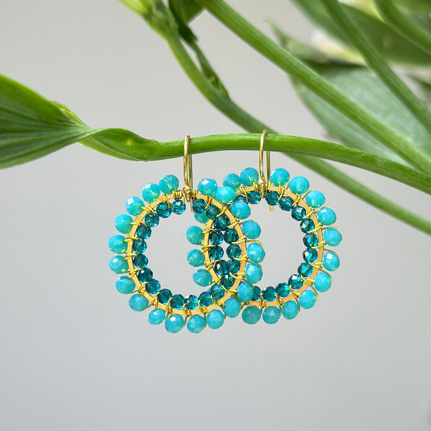 Turquoise Blue Crystal & Teal Jade Big Bead Double Round Earrings