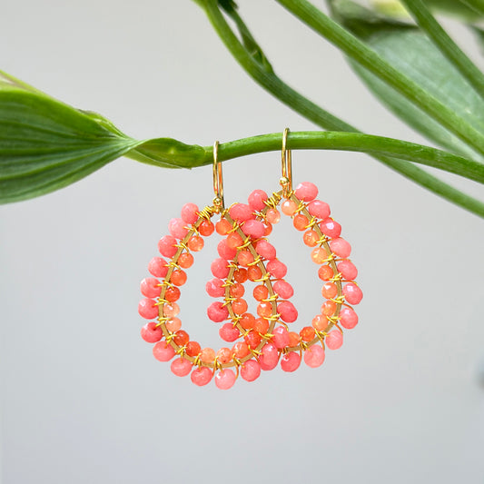 Pink Coral Agate & Apricot Agate Big Bead Double Teardrop Earrings