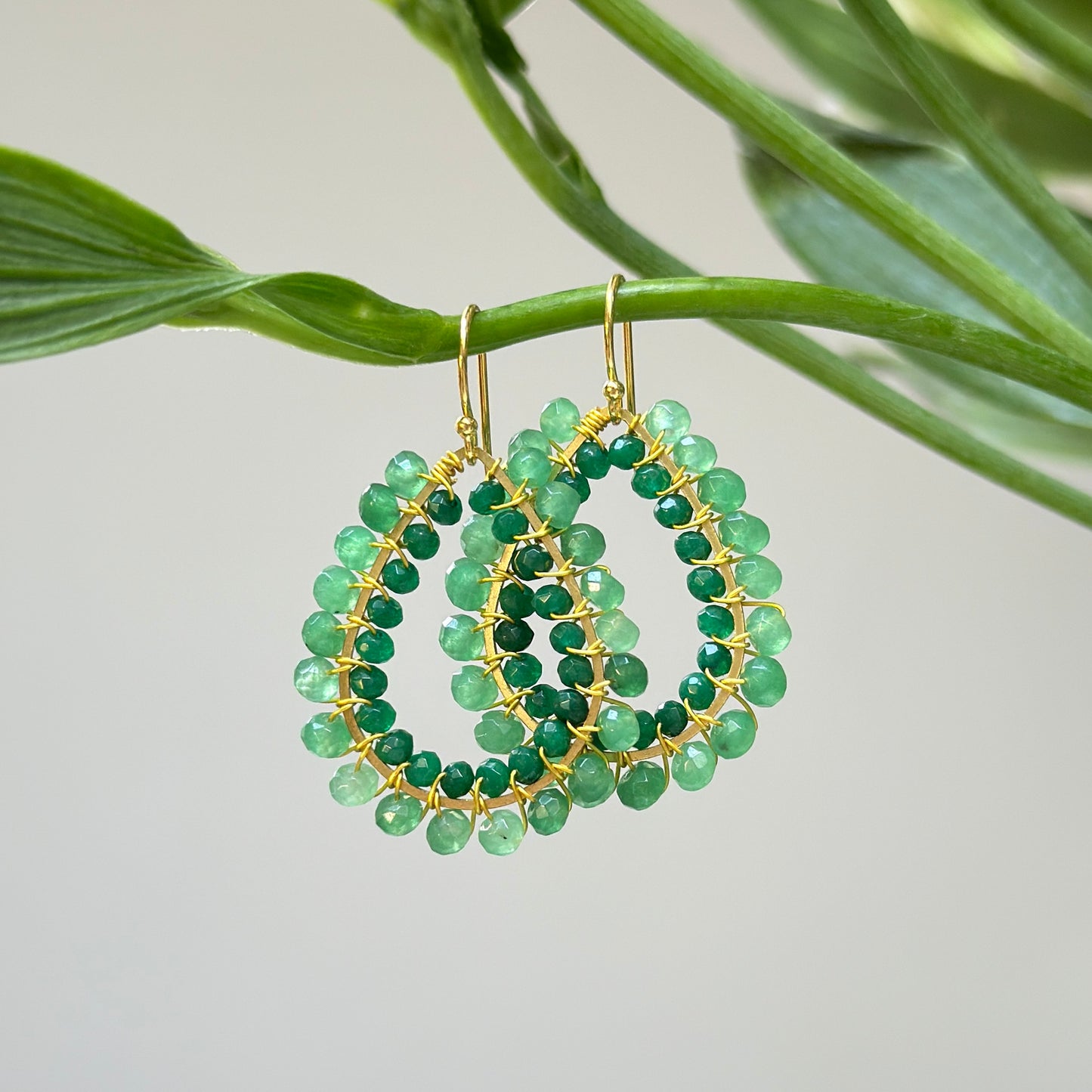 Green Jade & Emerald Green Crystal Big Bead Double Teardrop Earrings