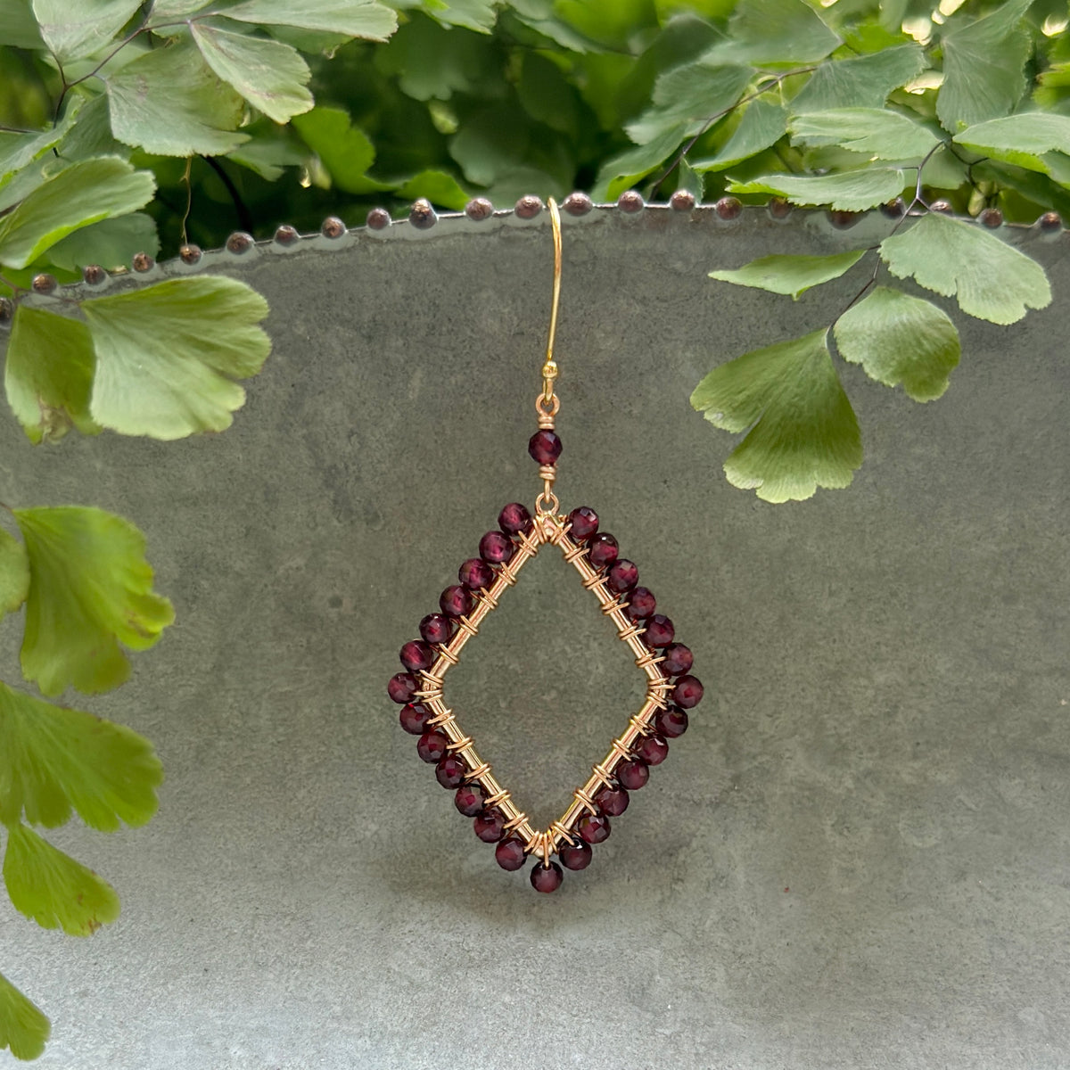 Burgundy Red Garnet Kite Beaded Earrings