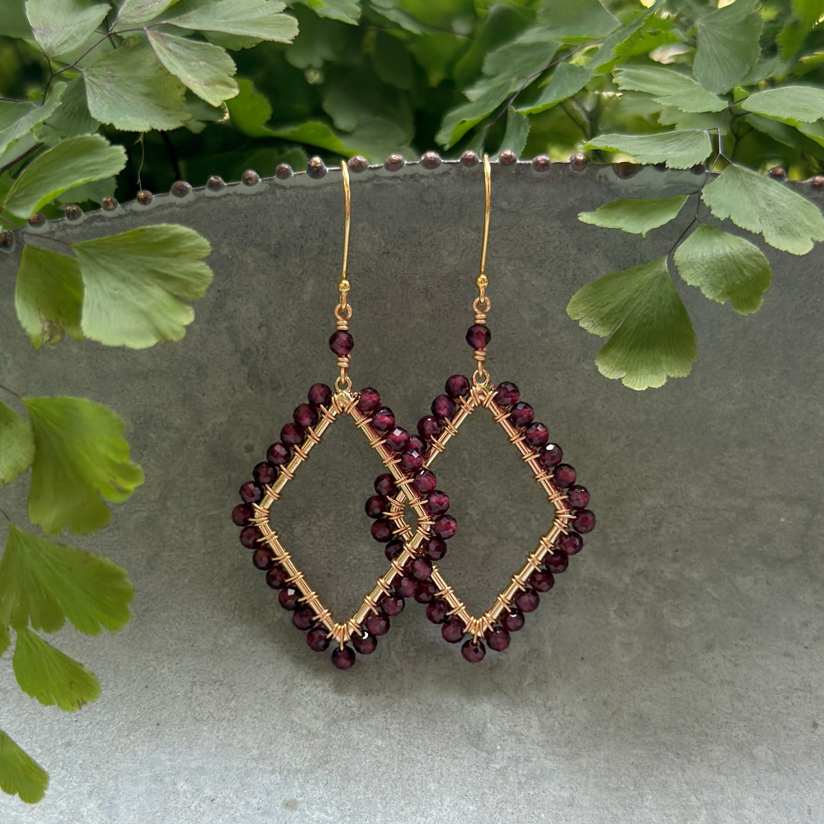 Burgundy Red Garnet Kite Beaded Earrings