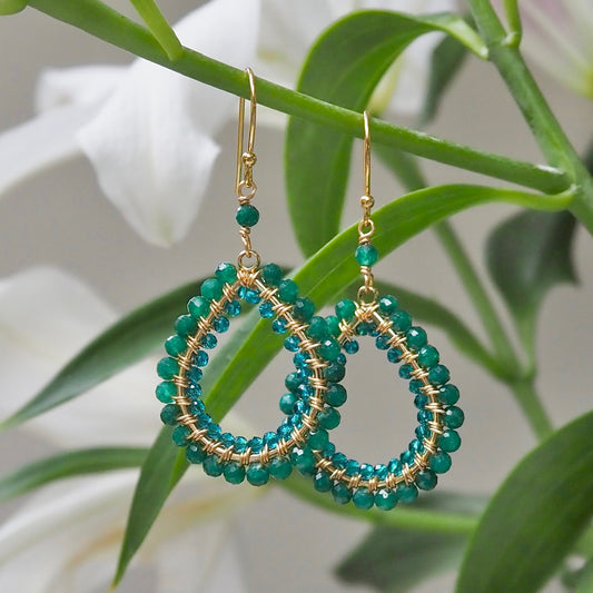 *Mid Emerald Green Jade & Teal Quartz Double Beaded Midi Teardrop Earrings