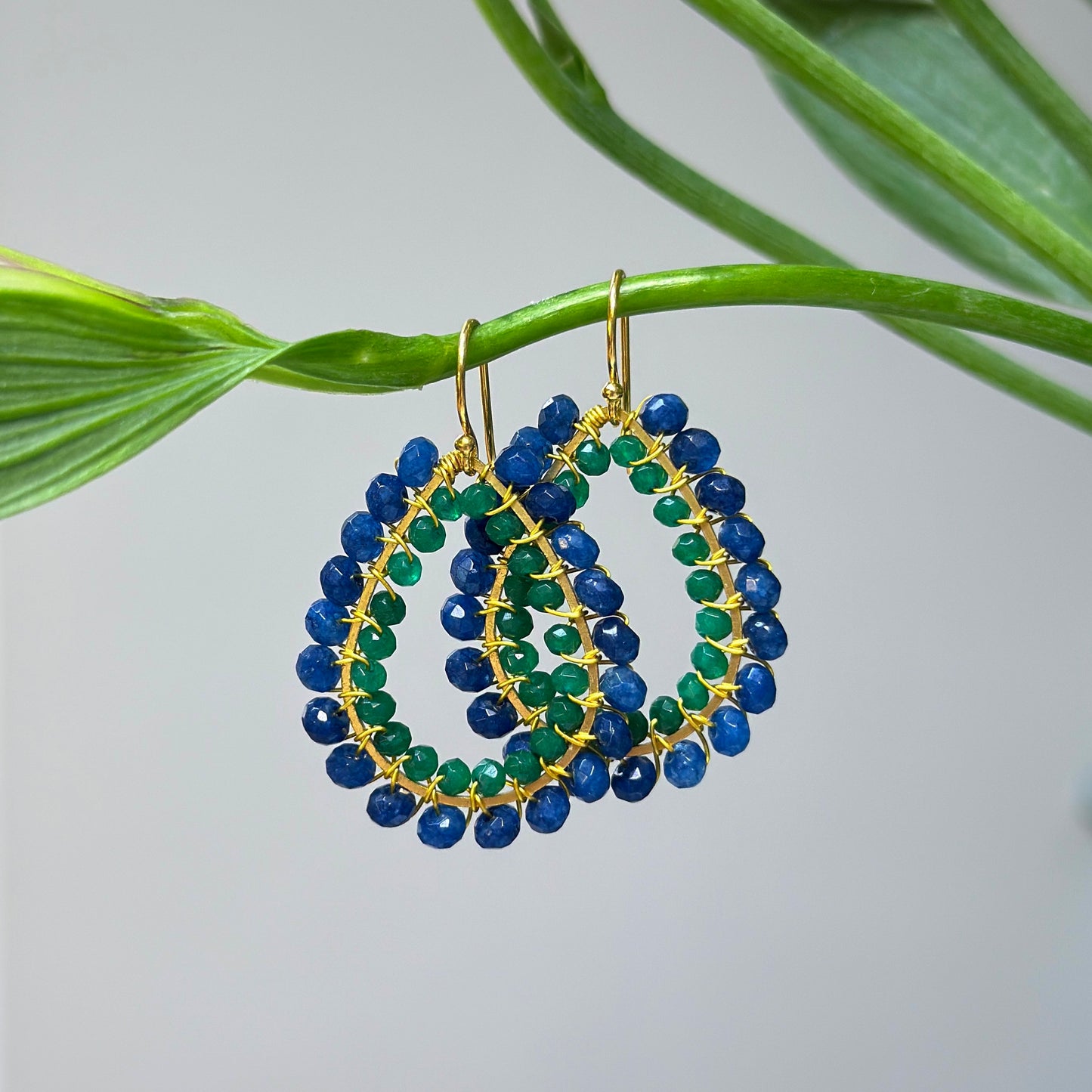 Dark Blue Agate & Emerald Green Agate Big Bead Double Teardrop Earrings