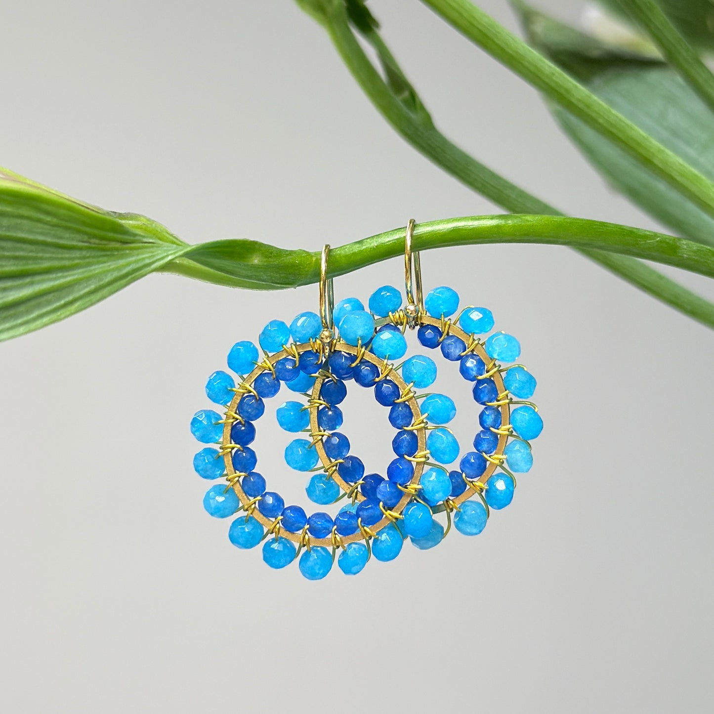 Aqua Agate & Royal Blue Agate  Big Bead Double Round Earrings