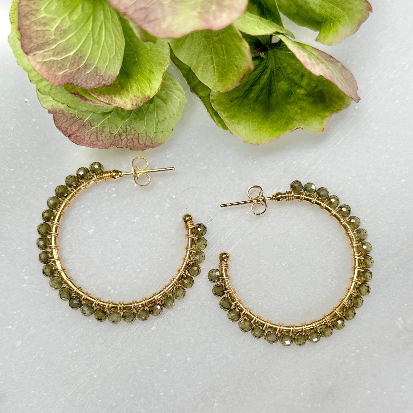 Dark Olive Green Peridot Solid Midi Hoop Beaded Earrings