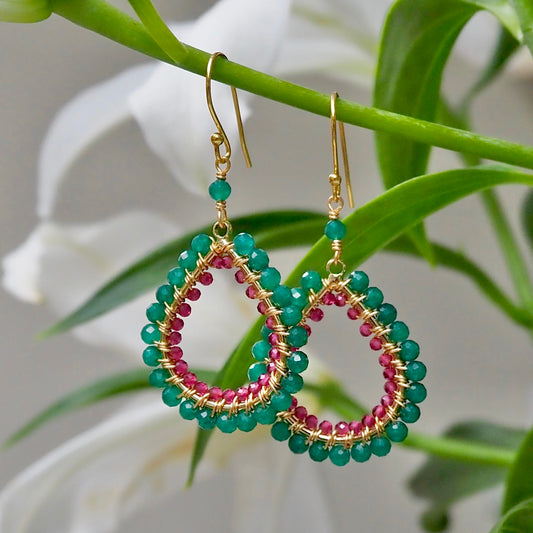 *Mid Emerald Green Jade & Fuchsia Pink Garnet Double Beaded Midi Teardrop Earrings