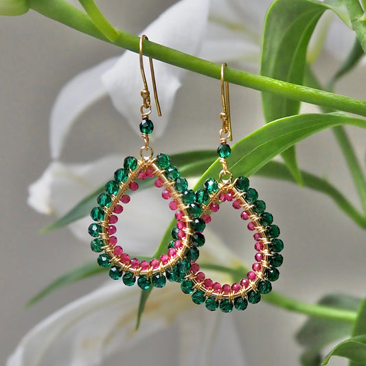 *Emerald Green Jade & Fuchsia Pink Garnet Double Beaded Midi Teardrop Earrings