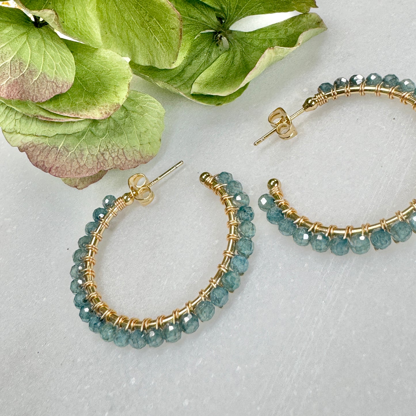 Pale Denim Blue Azurite Solid Midi Hoop Beaded Earrings