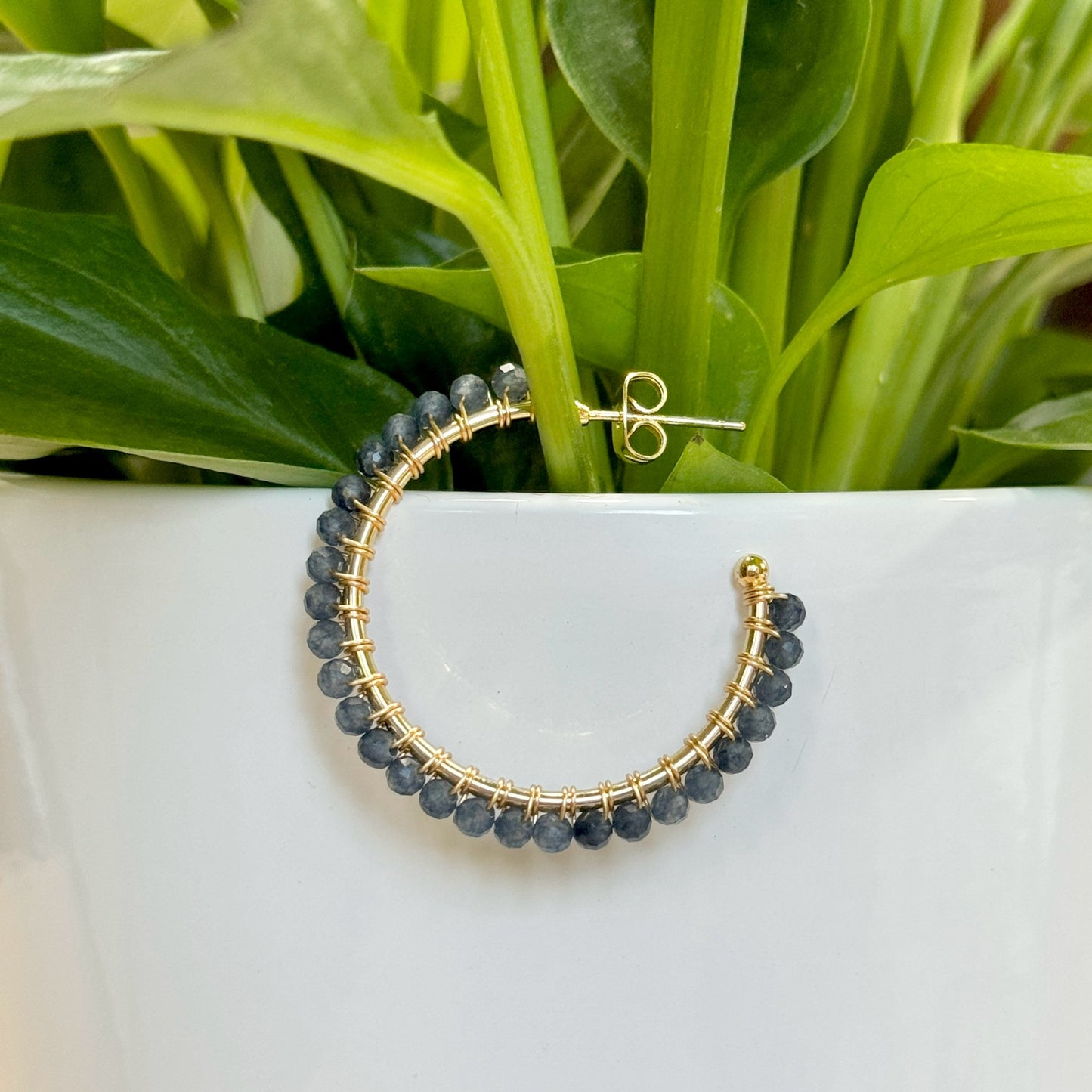 Dark Denim Blue Iolite Solid Midi Hoop Beaded Earrings