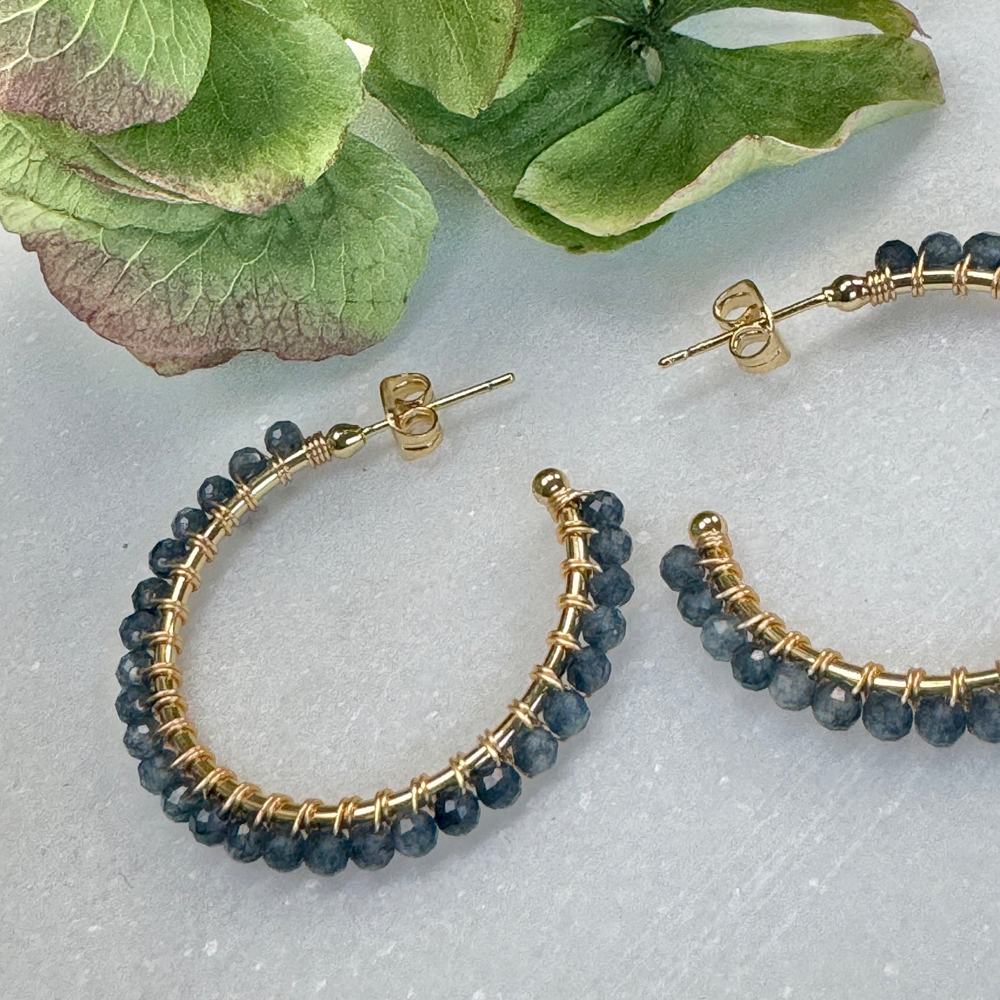 Dark Denim Blue Iolite Solid Midi Hoop Beaded Earrings