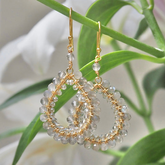 *Grey Labradorite & Taupe Agate Double Beaded Midi Teardrop Earrings