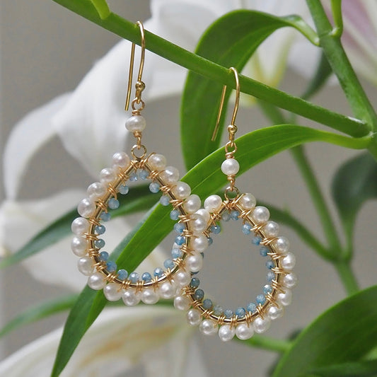 *Freshwater Pearl & Cornflower Blue Kyanite Double Beaded Midi Teardrop Earrings