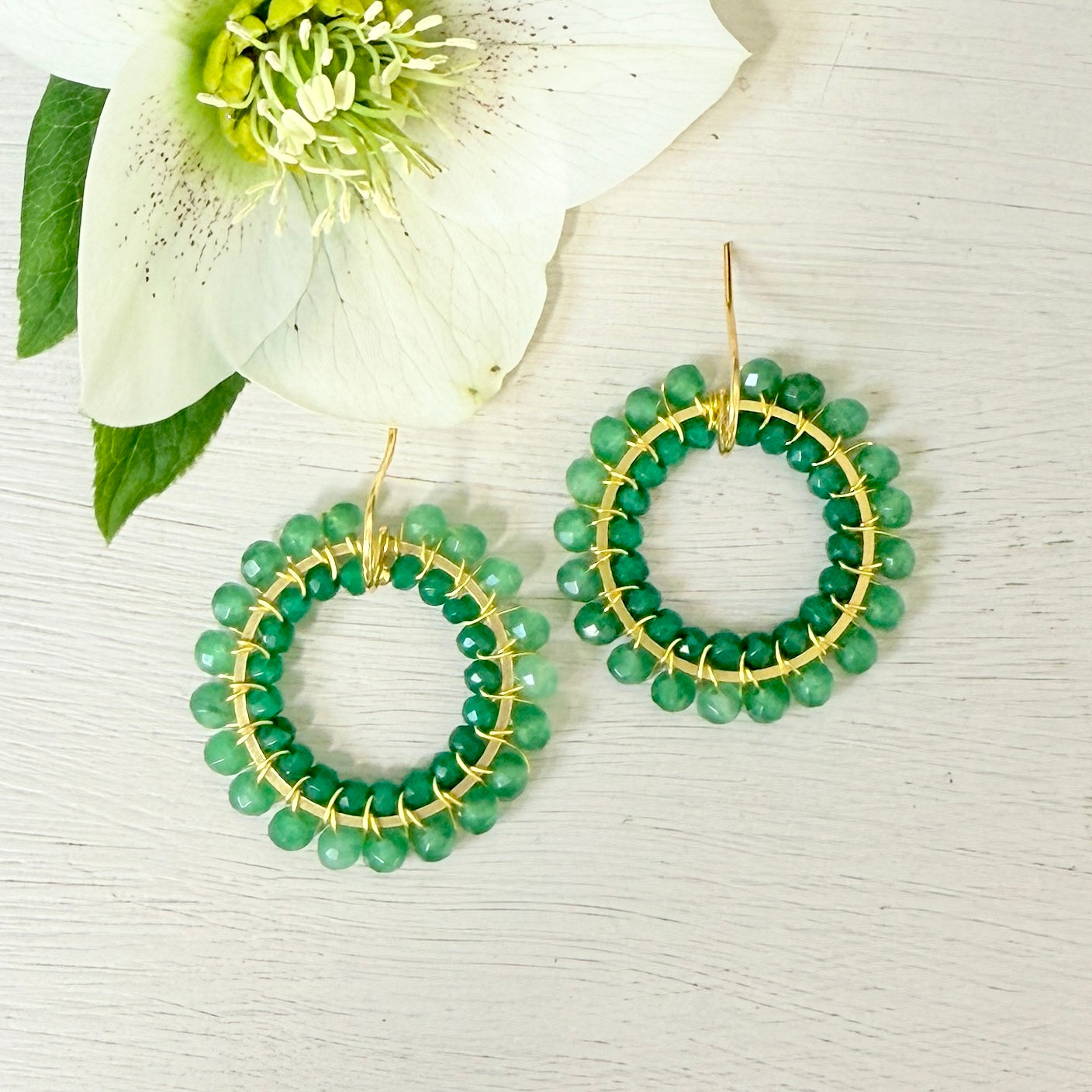 Green Jade & Emerald Green Crystal Big Bead Double Round Earrings