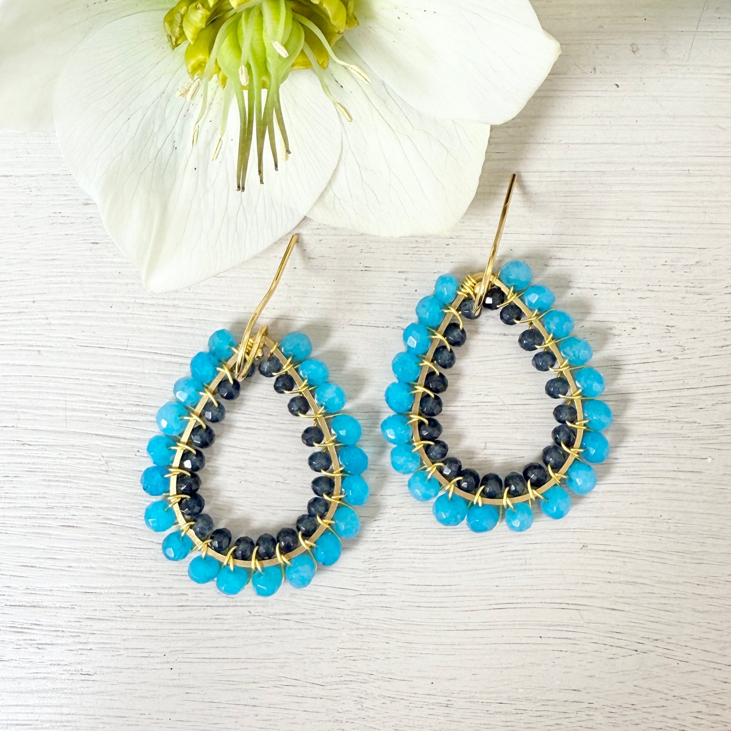 Aqua Agate & Dark Navy Agate Big Bead Double Teardrop Earrings