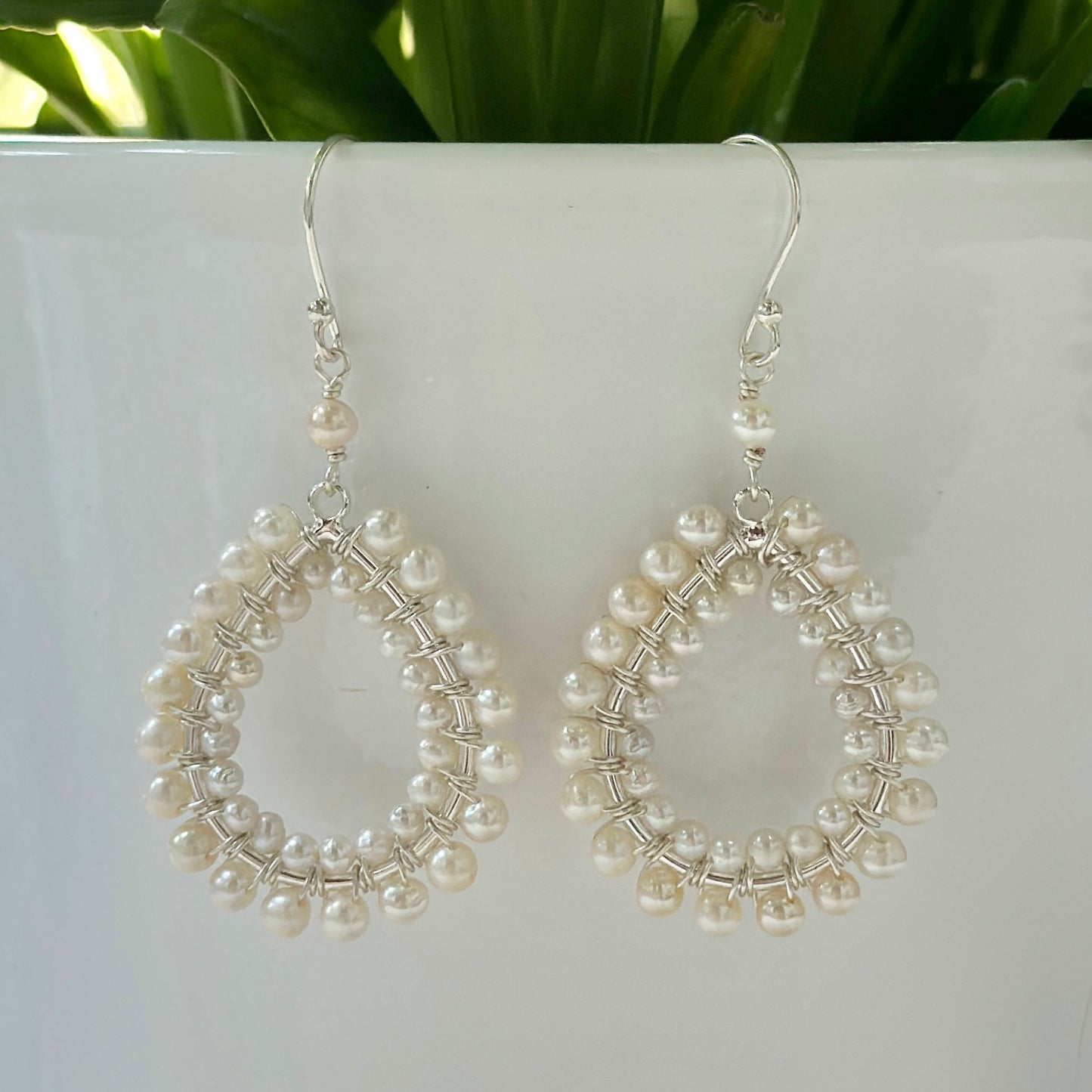 Freshwater Pearl Double Beaded Midi Teardrop Earrings (Silver)