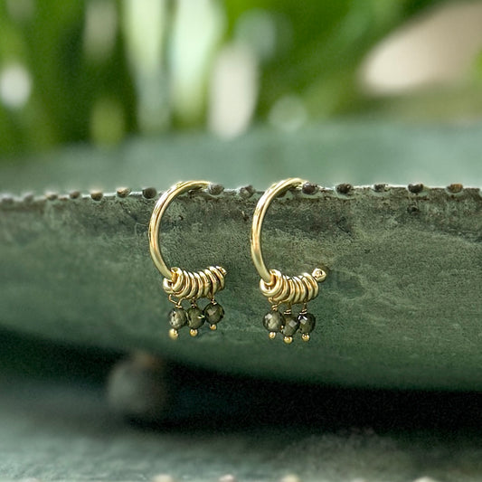 Dark Olive Green Peridot 3-Bead Mini Hoop Earrings