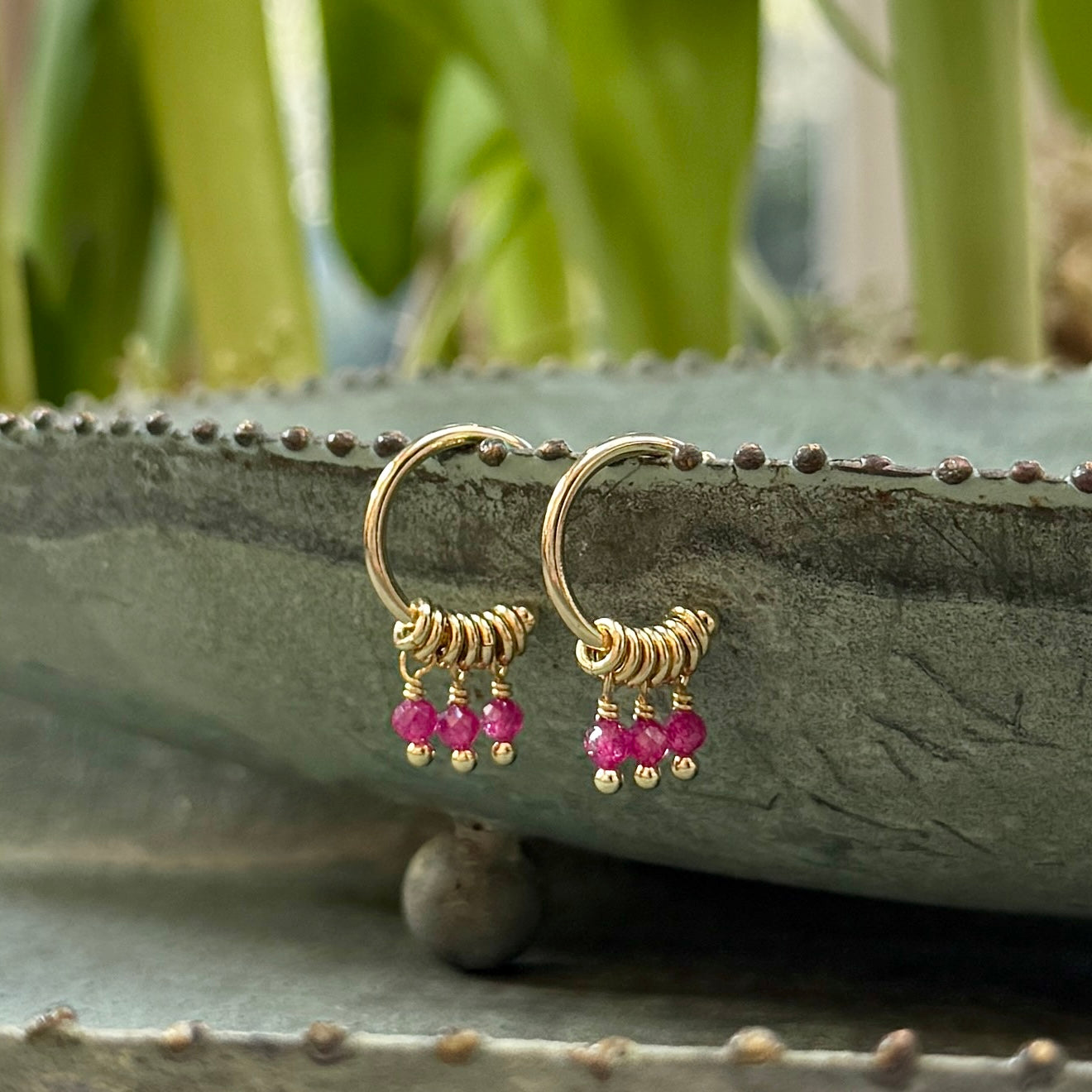 Magenta Pink Garnet 3-Bead Mini Hoop Earrings