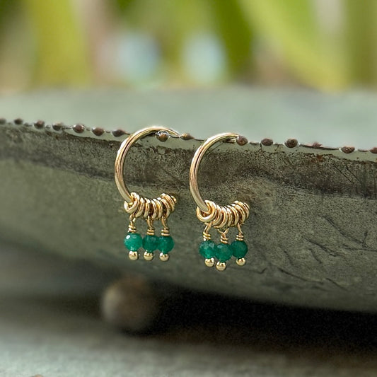 Apple Green Jade 3-Bead Mini Hoop Earrings