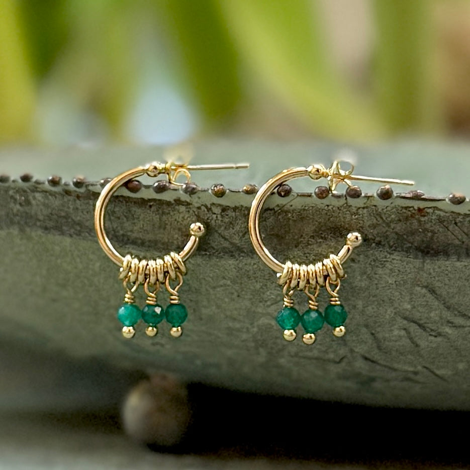 Apple Green Jade 3-Bead Mini Hoop Earrings