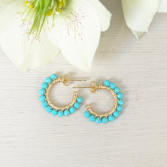 Chunky Turquoise Blue Quartz Mini Hoop Beaded Earrings