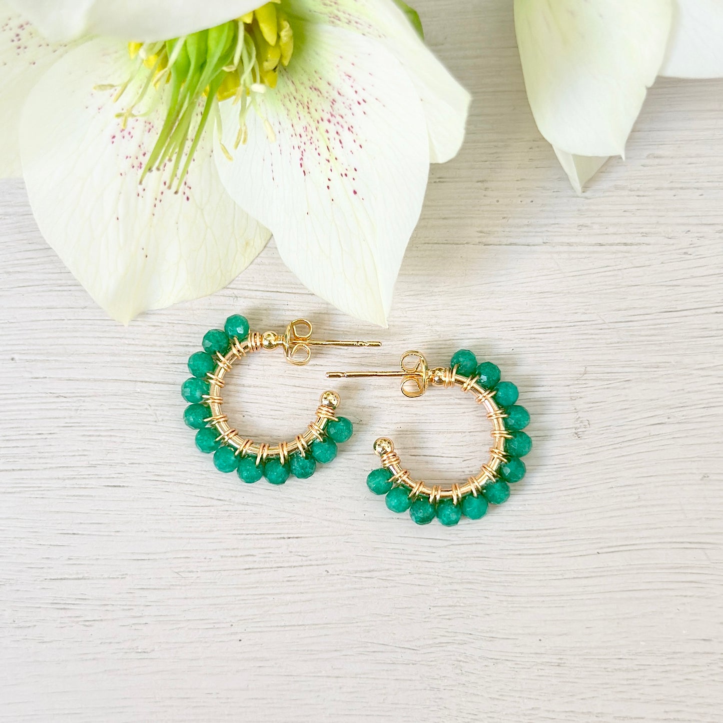 Chunky Apple Green Jade Mini Hoop Beaded Earrings