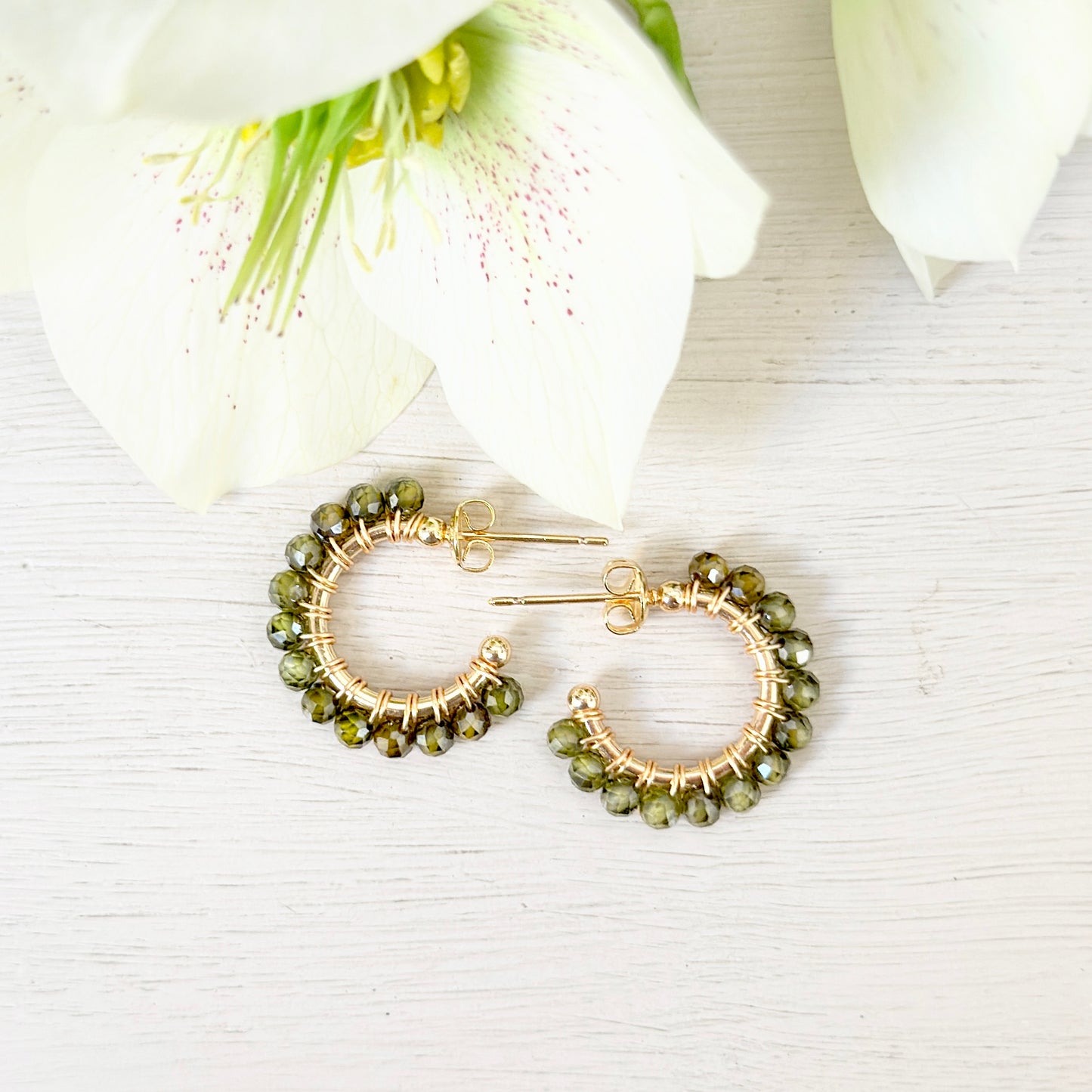 Chunky Olive Peridot Mini Hoop Beaded Earrings