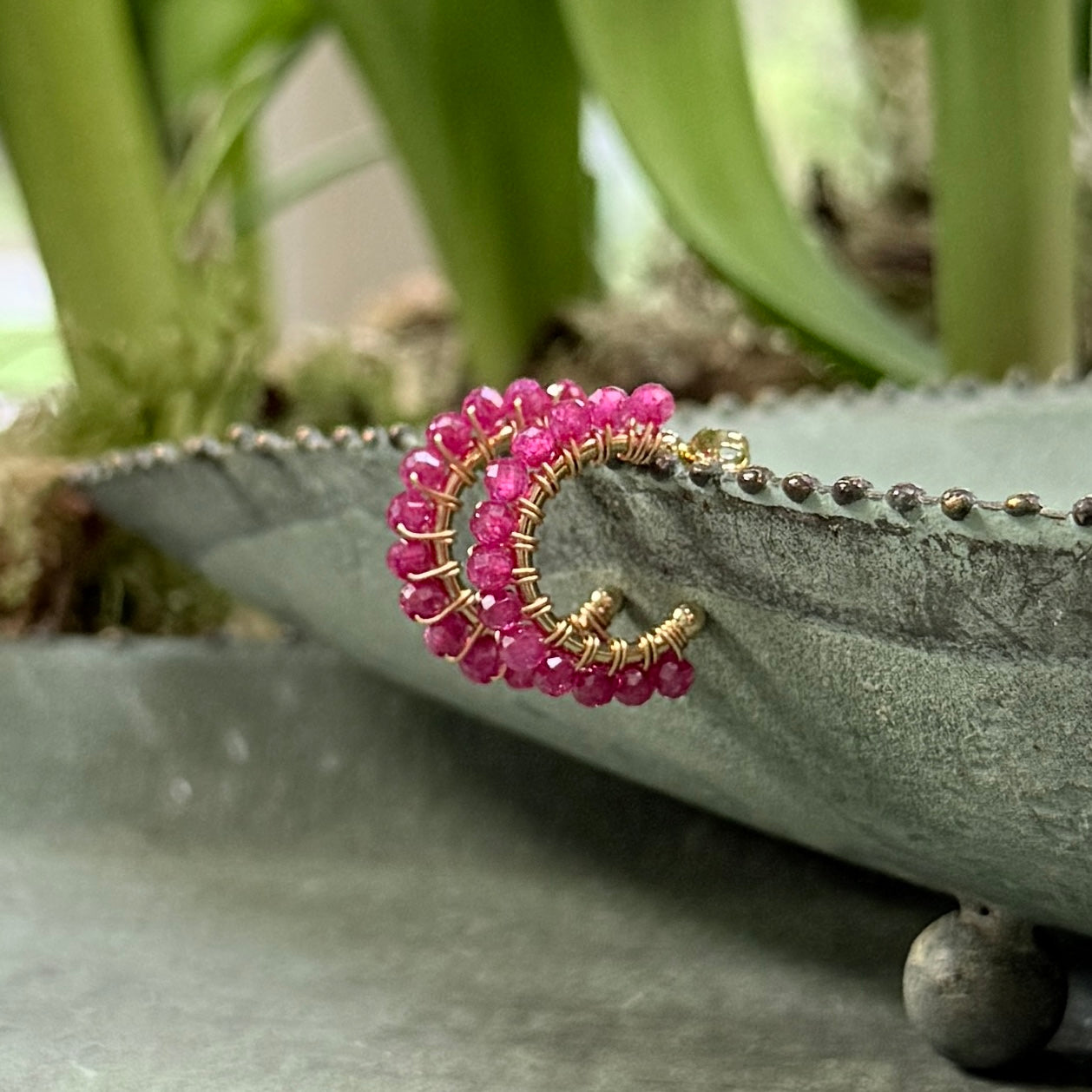 Chunky Magenta Pink Garnet Mini Hoop Beaded Earrings