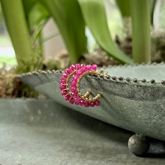 Chunky Magenta Pink Garnet Mini Hoop Beaded Earrings