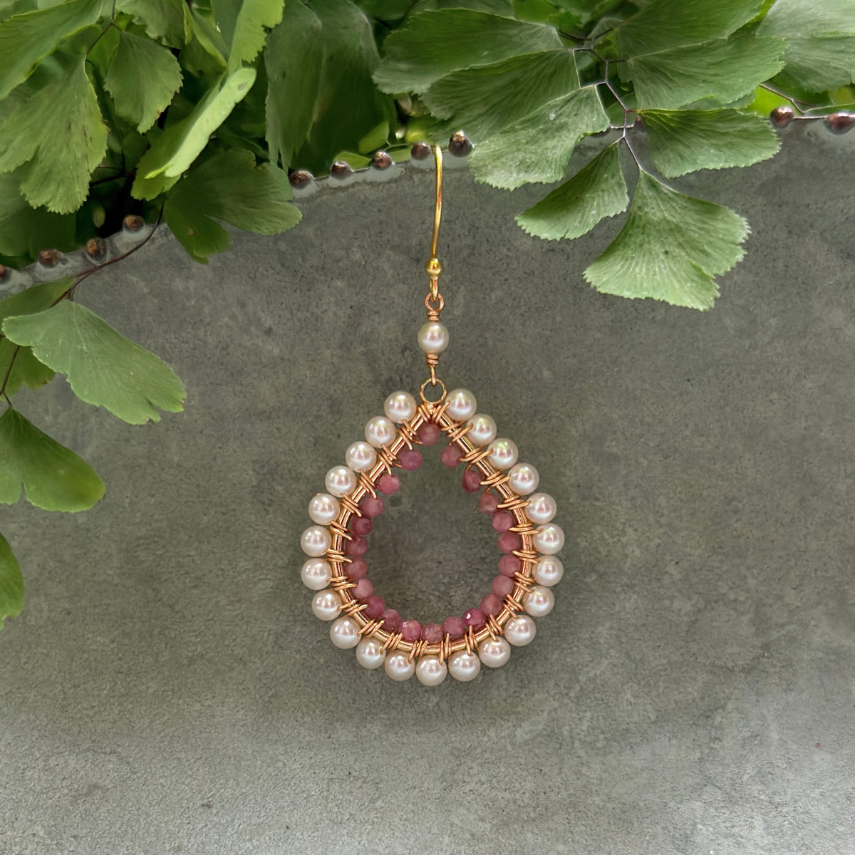 Freshwater Pearl & Dusky Pink Garnet Double Beaded Midi Teardrop Earrings