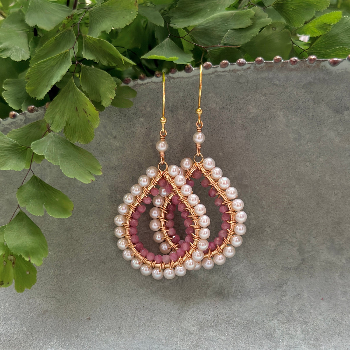 Freshwater Pearl & Dusky Pink Garnet Double Beaded Midi Teardrop Earrings