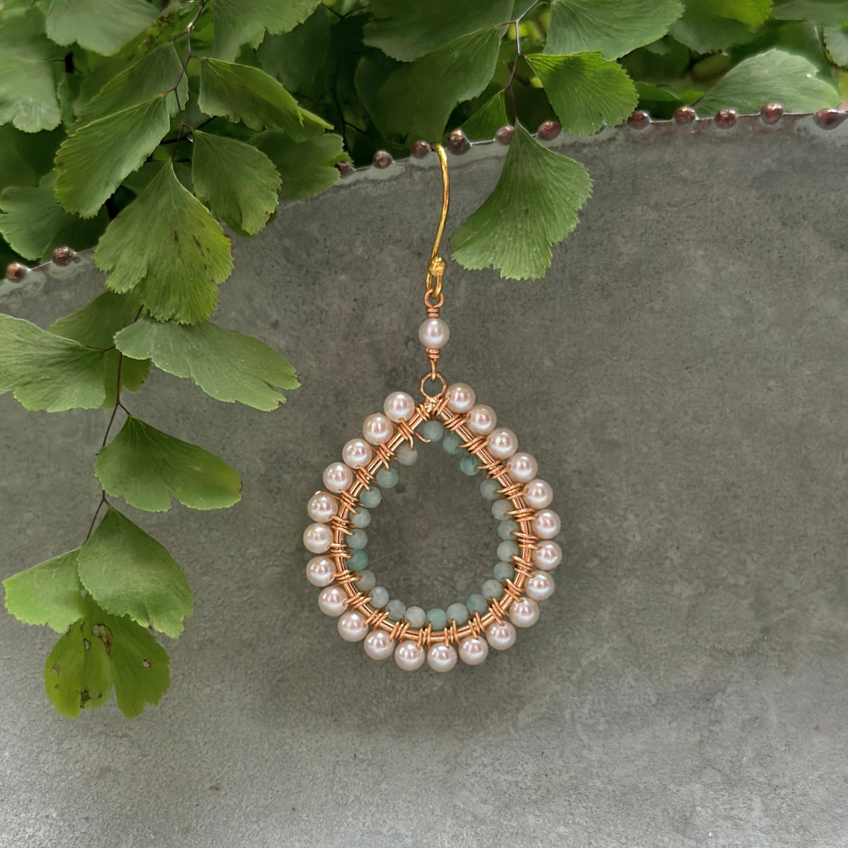 Freshwater Pearl & Mint Green Amazonite Double Beaded Midi Teardrop Earrings