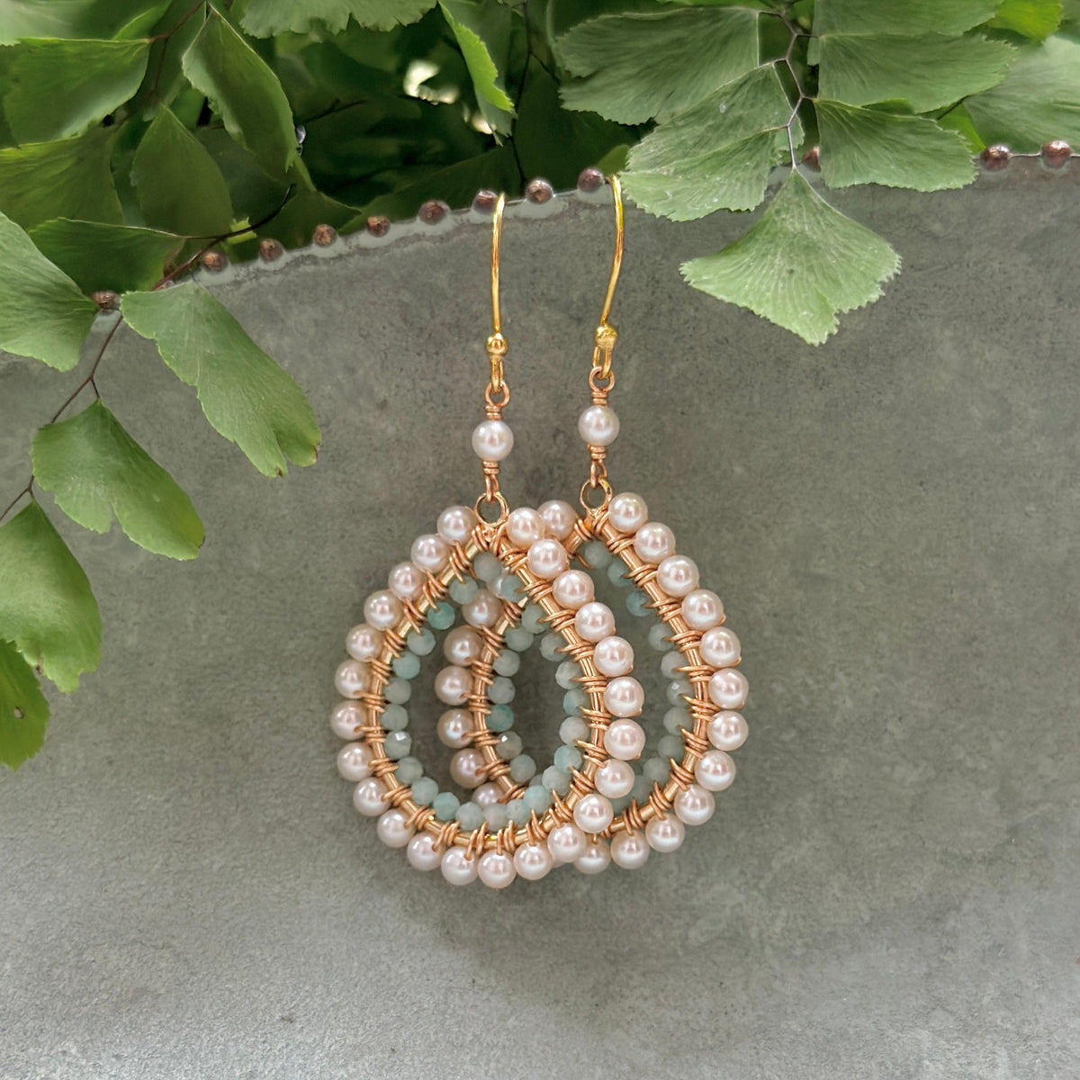 Freshwater Pearl & Mint Green Amazonite Double Beaded Midi Teardrop Earrings