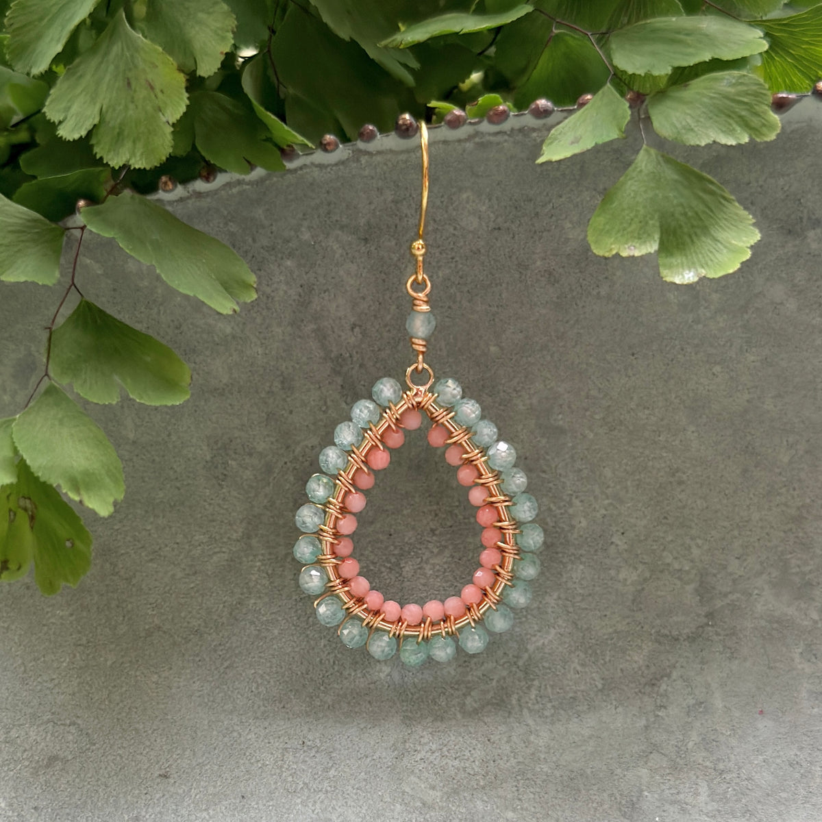 Pale Mint Green Jade & Coral Double Beaded Midi Teardrop Earrings