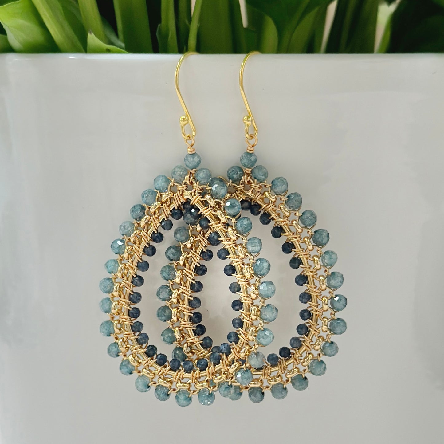 Pale Denim Blue Azurite & Dark Denim Iolite Large Rolo Teardrop Beaded Earrings