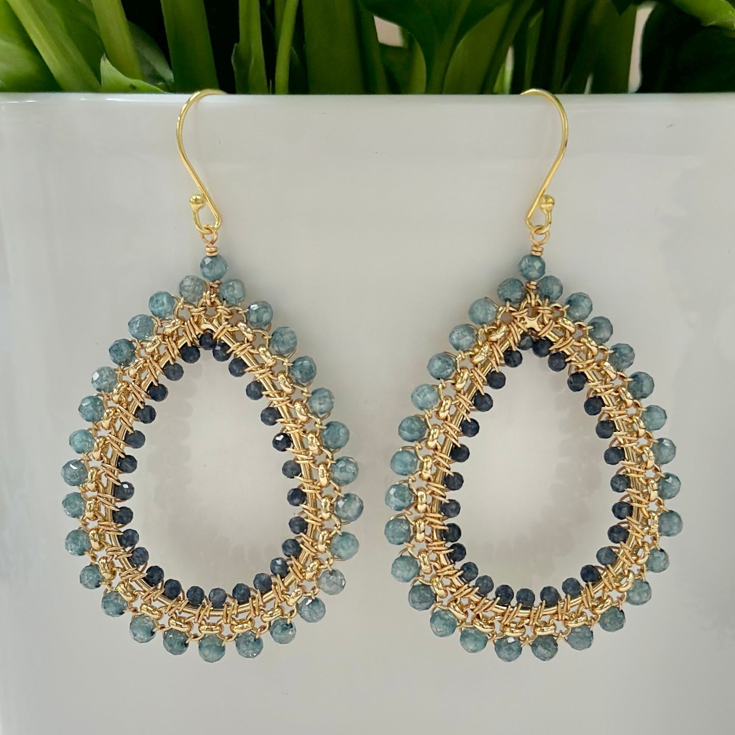 Pale Denim Blue Azurite & Dark Denim Iolite Large Rolo Teardrop Beaded Earrings
