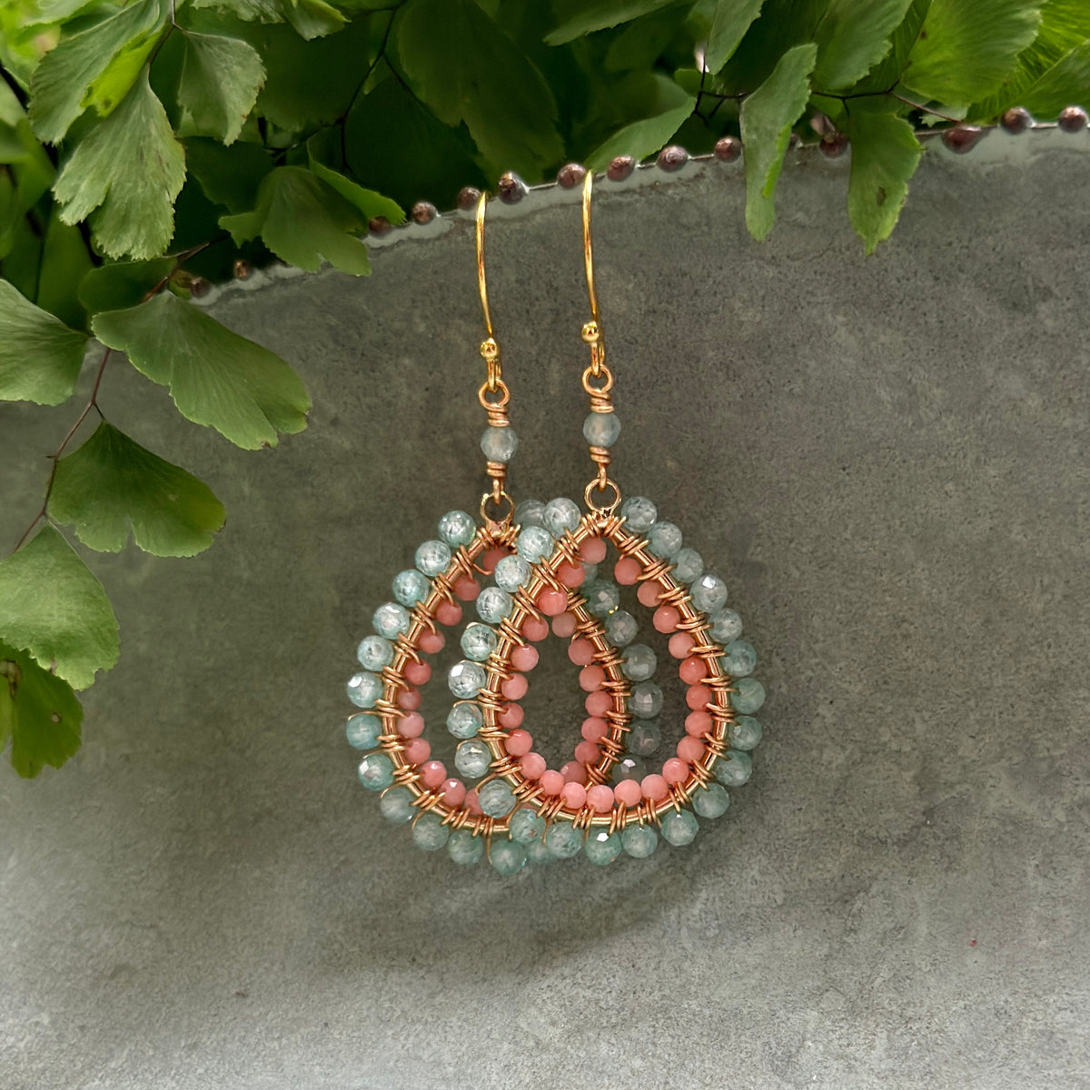 Pale Mint Green Jade & Coral Double Beaded Midi Teardrop Earrings