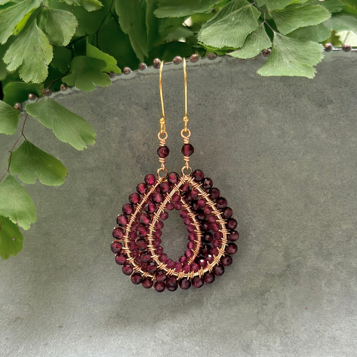 Burgundy Jade & Fuchsia Pink Garnet Double Beaded Midi Teardrop Earrings